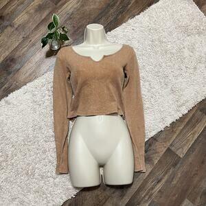Victoria's Secret PINK Small Mustard Mineral Wash V-Neck Cropped Waffle Knit Top